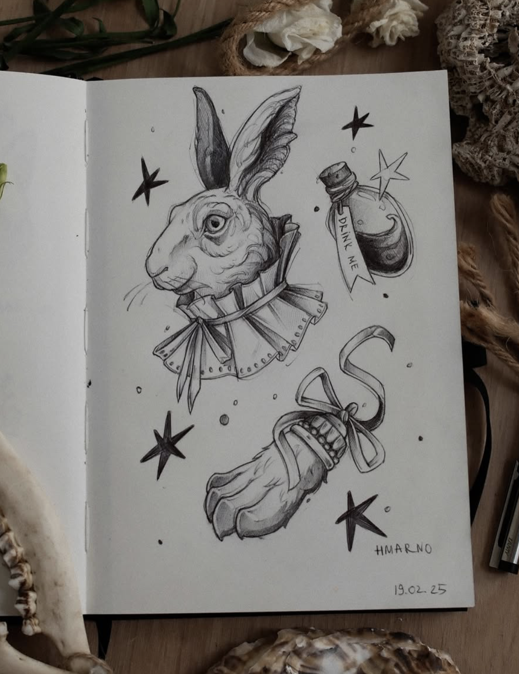 Original tattoo flash design — hare in ruff collar with drink me bottle, stars and severed hand — tattoo design Barcelona