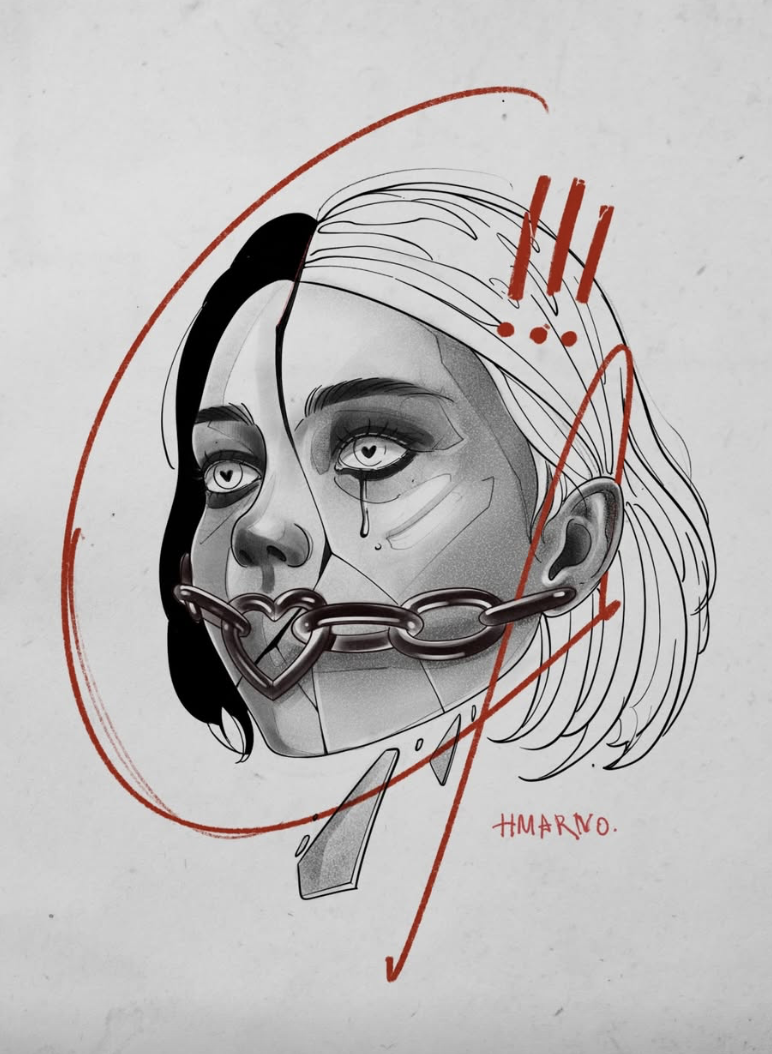 Original tattoo design — graphic portrait of a woman with chain and red accents — tattoo design Barcelona