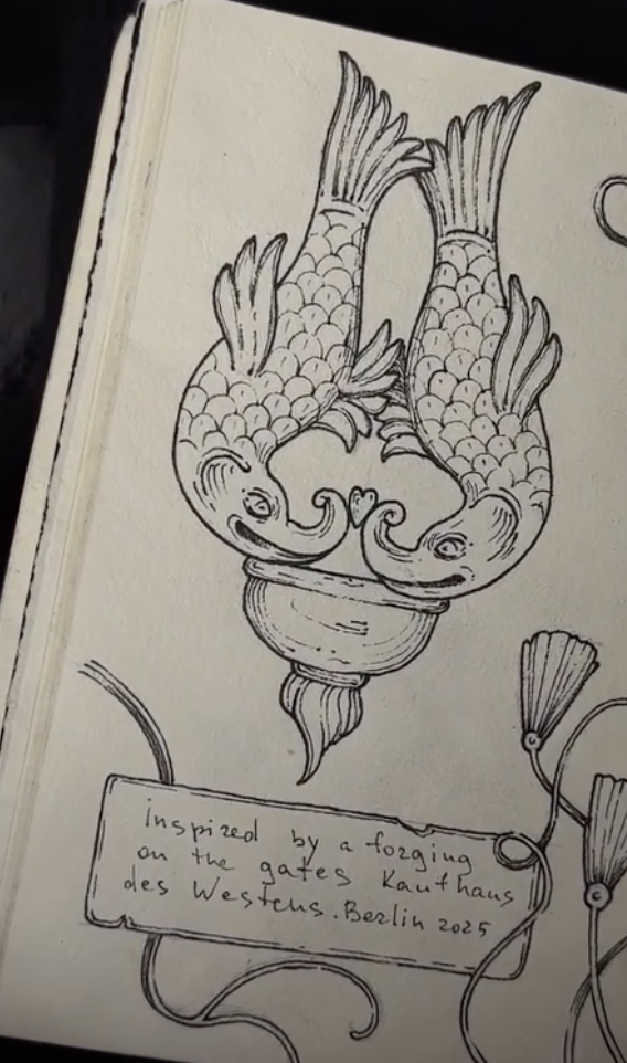 Original tattoo design — ink sketch of koi fish inspired by a decorative vase with flowers — tattoo design Barcelona