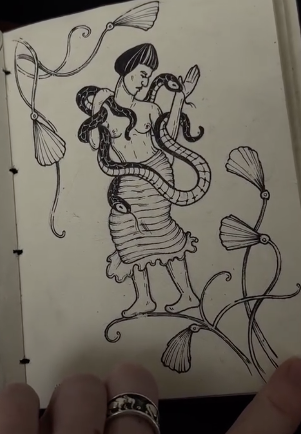 Original tattoo design — ink sketch of a woman figure with a snake among plants — tattoo design Barcelona