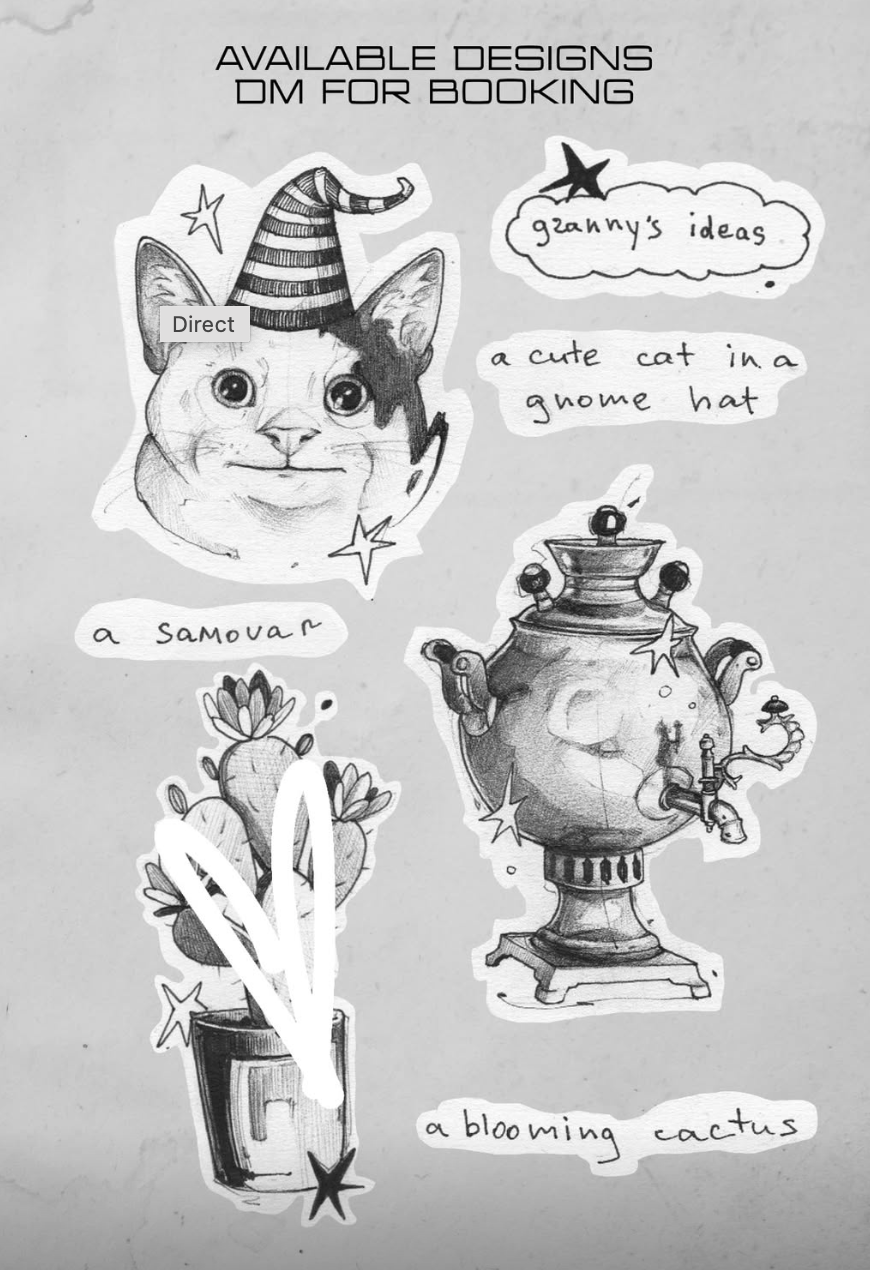 Original tattoo flash sheet — cat in gnome hat, samovar and blooming cactus — tattoo design Barcelona