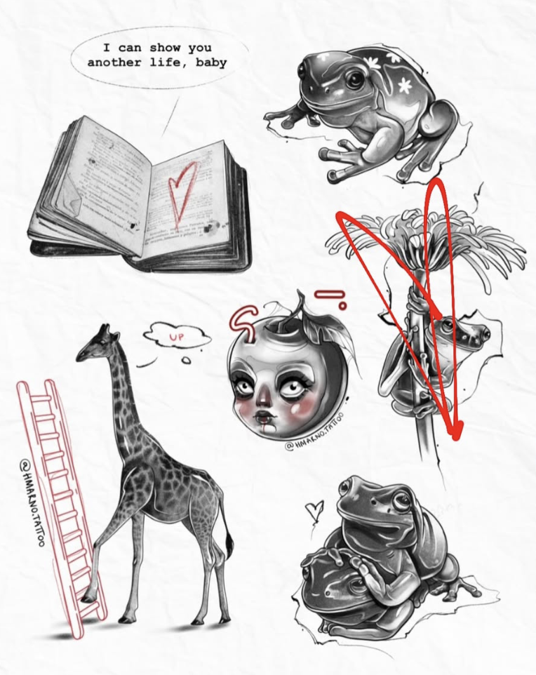 Original tattoo flash sheet — open book, frog, apple head doll, giraffe and toad — tattoo design Barcelona