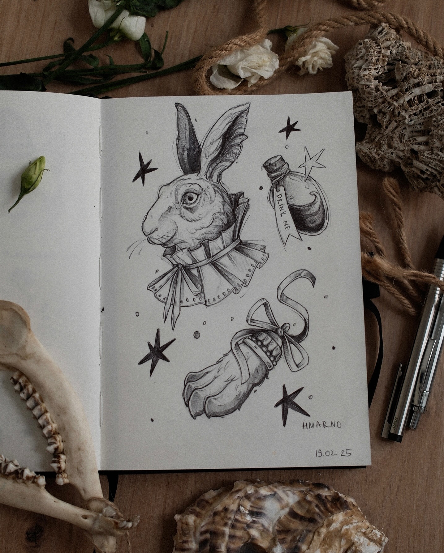 Original tattoo flash design — hare in ruff collar with drink me bottle and stars, sketch style — tattoo design Barcelona