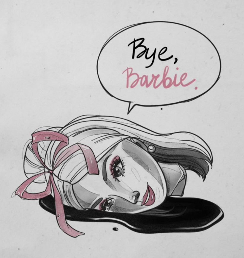 Original tattoo design — Bye Barbie graphic portrait with pink ribbon — tattoo design Barcelona