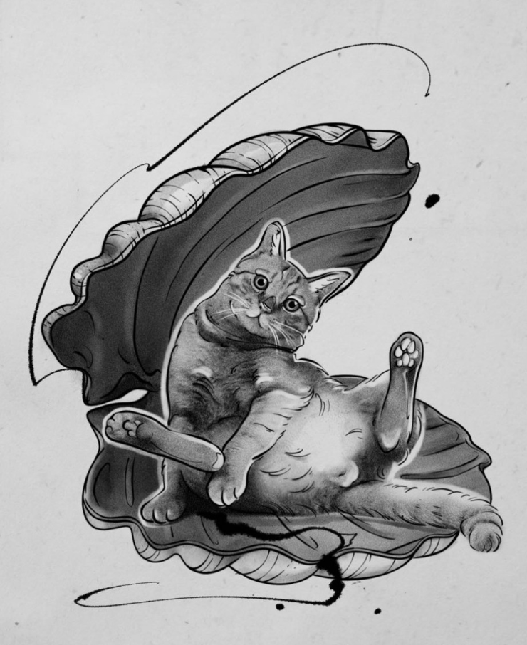 Original tattoo design — graphic cat lying inside an oyster shell — tattoo design Barcelona