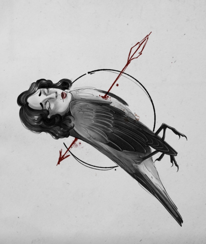 Original tattoo design — woman-bird figure with arrows and circle, graphic style — tattoo design Barcelona