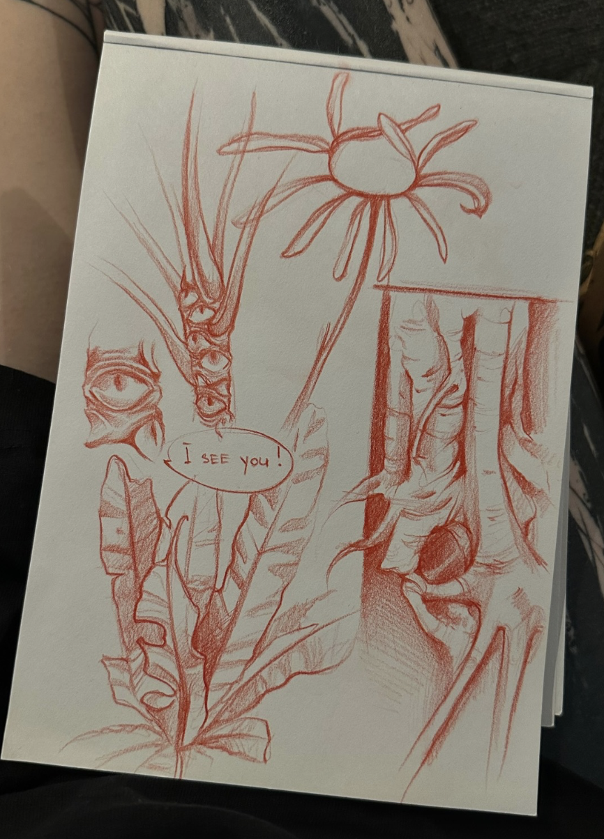 Original tattoo design — red sketch of botanical elements, flowers, leaves and eye motif — tattoo design Barcelona