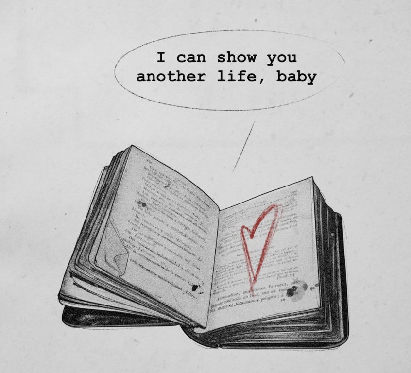 Original tattoo design — open book with a hand-drawn heart and the text I can show you another life baby — tattoo design Barcelona