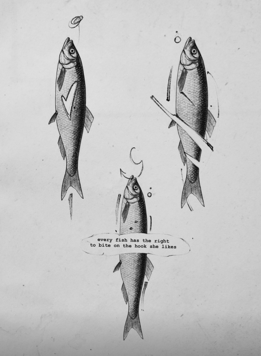 Original tattoo design — three fish with the text every fish has the right to bite on the hook she likes — tattoo design Barcelona