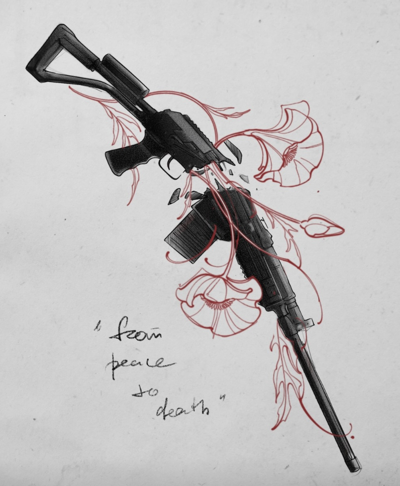 Original tattoo design — sketch of a rifle with red floral elements and the text from peace to death — tattoo design Barcelona